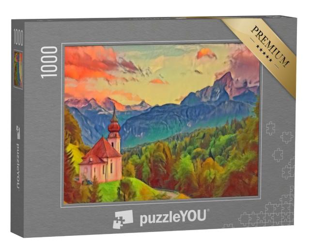 Puzzle de 1000 pièces « dans le style artistique de Franz Marc - Watzmann avec l'église Maria Gern »