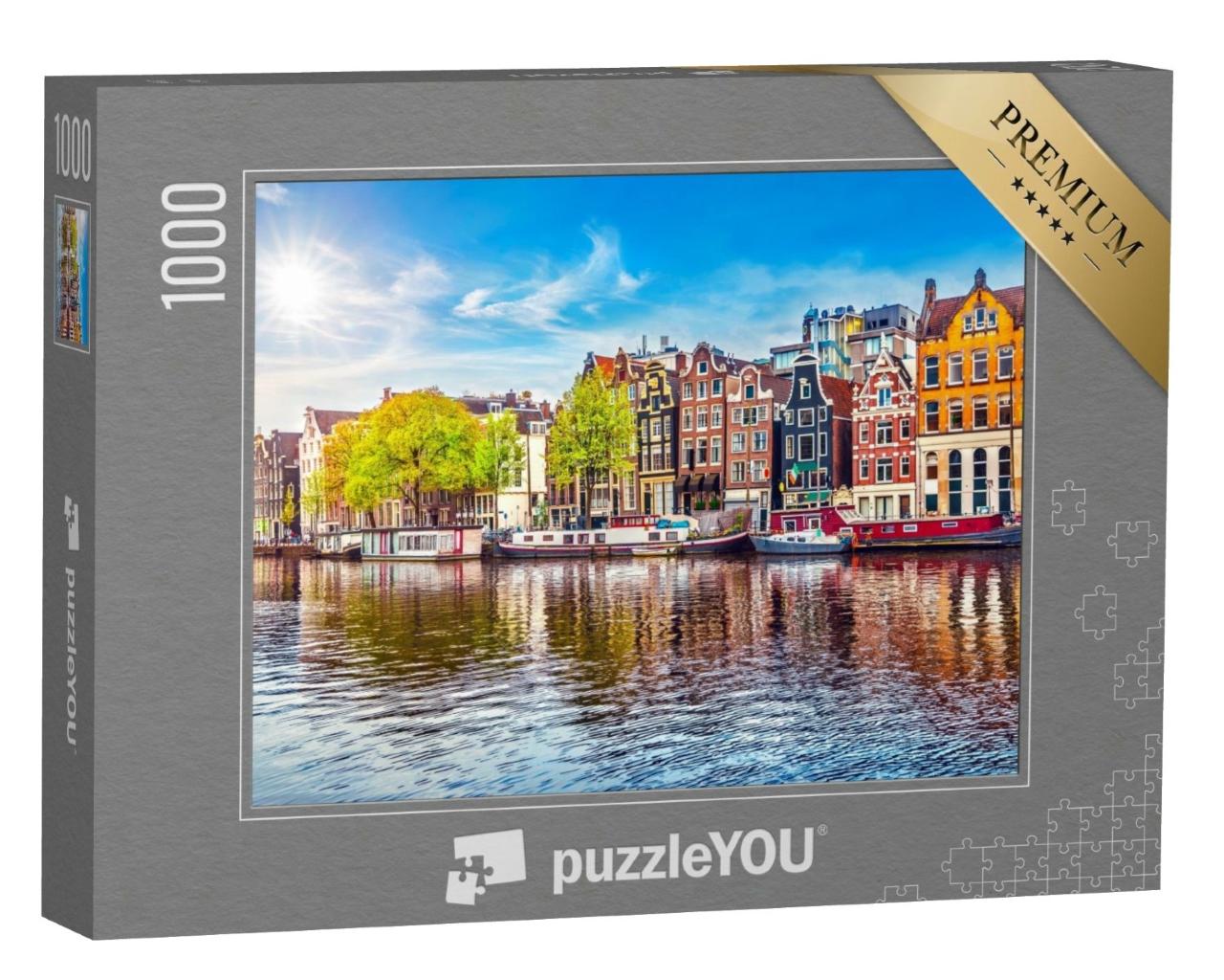 Puzzle de 1000 pièces « Maisons dansantes sur la rivière Amstel à Amsterdam, Pays-Bas »