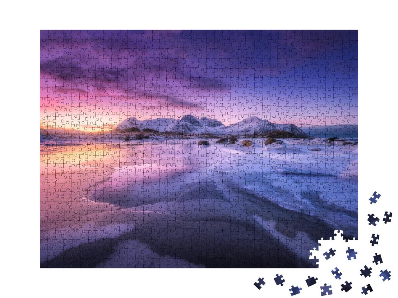 Puzzle de 1000 pièces « Bord de mer glacé au coucher de soleil coloré, Lofoten, Norvège »