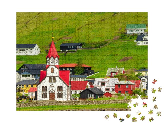 Puzzle de 1000 pièces « Église au toit rouge à Sandavagur, îles Féroé »