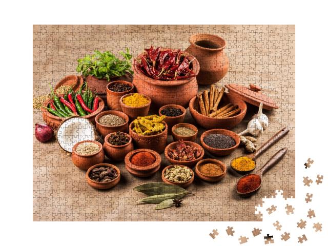 Puzzle de 1000 pièces « Épices essentielles indiennes dans des pots en terre cuite »