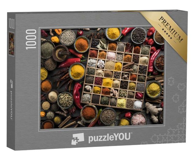 Puzzle de 1000 pièces « Caisse en bois avec diverses épices et herbes aromatiques »