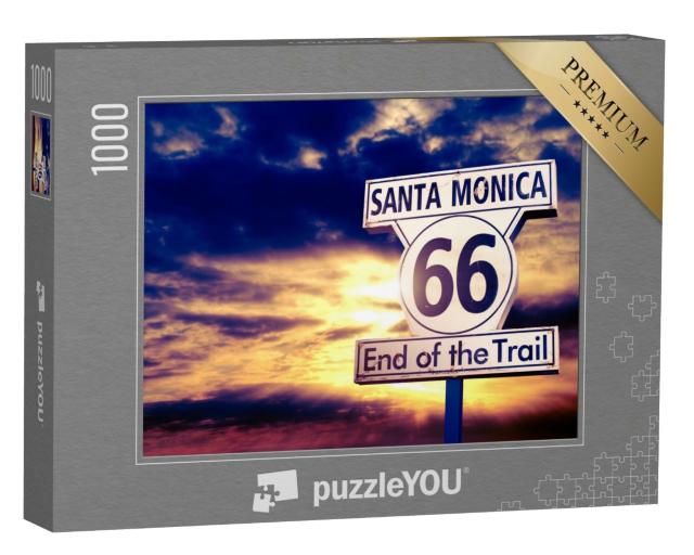 Puzzle de 1000 pièces « Route 66 : panneau routier au coucher du soleil »