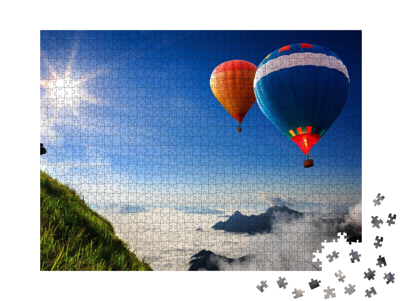 Puzzle de 1000 pièces « Des montgolfières multicolores au-dessus des sommets dans le brouillard »