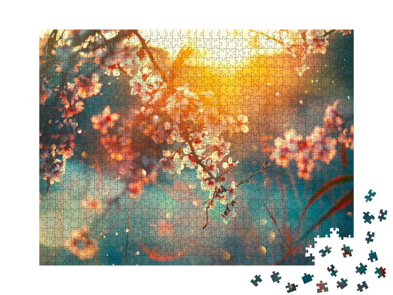 Puzzle de 1000 pièces « Des arbres fruitiers délicatement fleuris au lever du soleil »