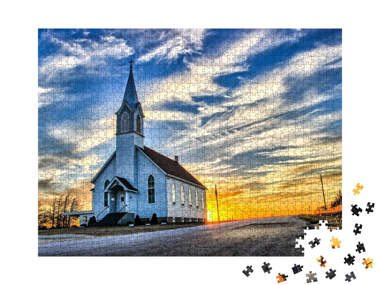 Puzzle de 1000 pièces « Église en bois au crépuscule au Kansas »