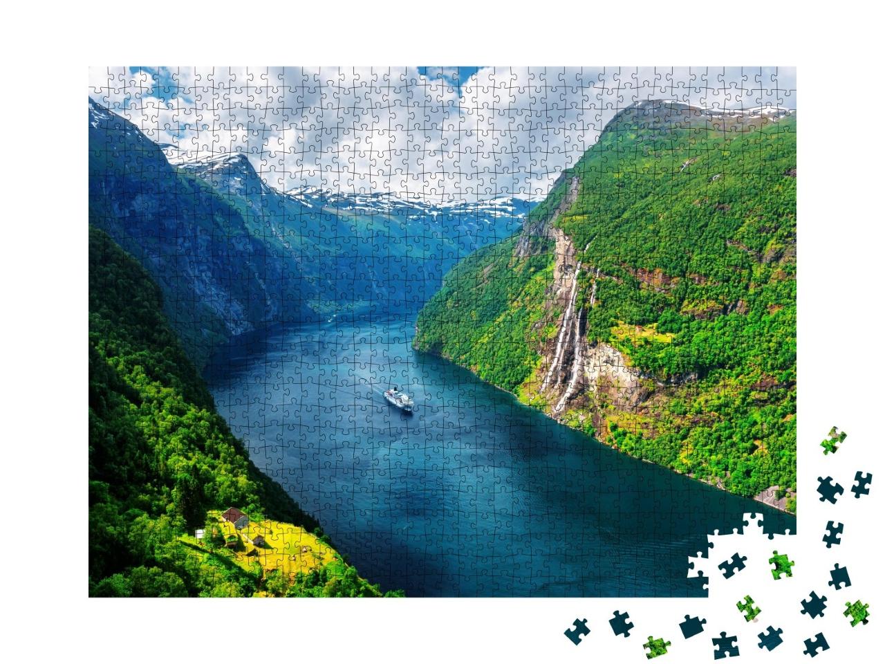 Puzzle de 1000 pièces « Sunnylvsfjord et les célèbres chutes des Sept Sœurs, Norvège »