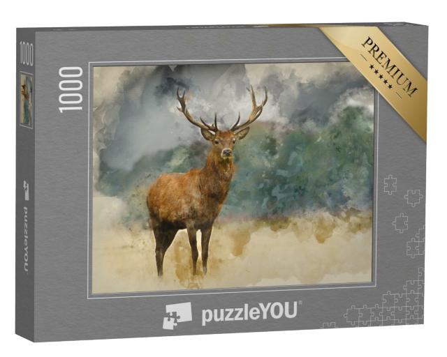 Puzzle de 1000 pièces « Peinture à l'aquarelle : Portrait d'un cerf majestueux »