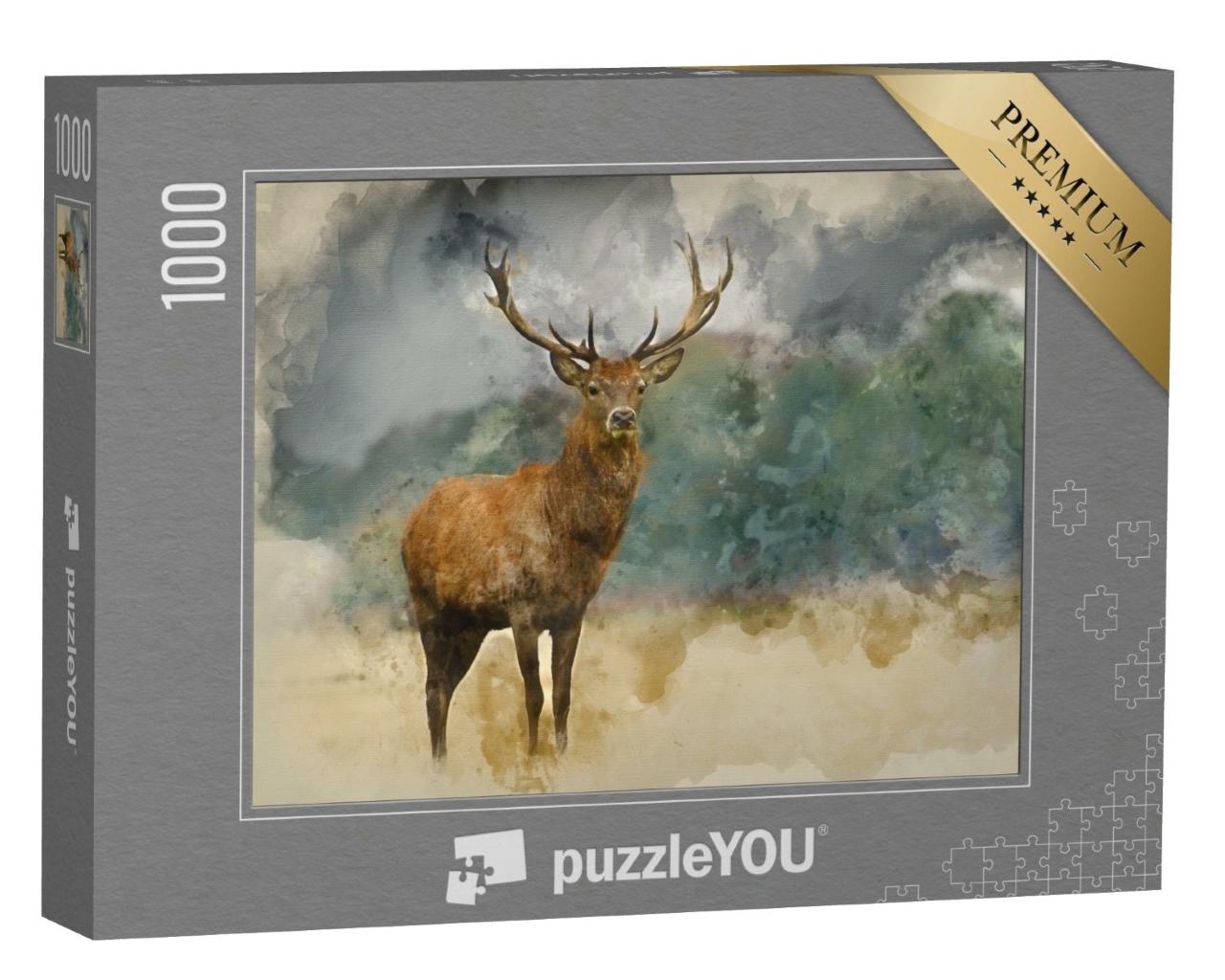 Puzzle de 1000 pièces « Peinture à l'aquarelle : Portrait d'un cerf majestueux »