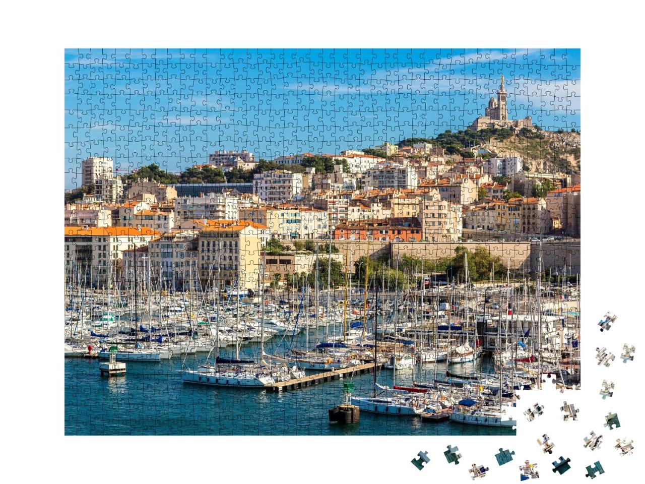 Puzzle de 1000 pièces « Basilique Notre Dame de la Garde et vieux port à Marseille, France »