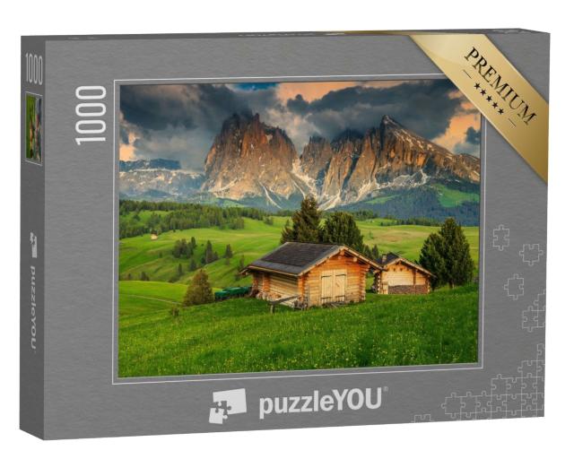 Puzzle de 1000 pièces « Printemps sur l'Alpe de Siusi avec le groupe du Sassolungo, Dolomites, Italie »