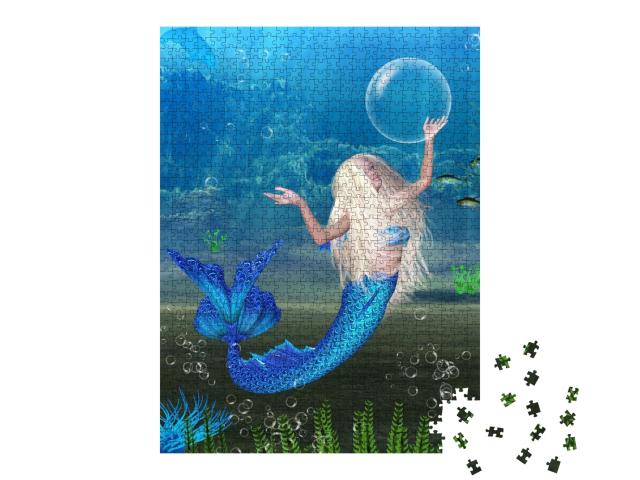Puzzle de 1000 pièces « Sirène blonde jouant avec des bulles sous l'eau »