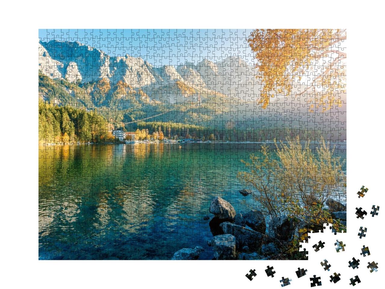 Puzzle de 1000 pièces « Paysage alpin avec les Alpes allemandes et la Zugspitze au lac Eibsee, Bavière »