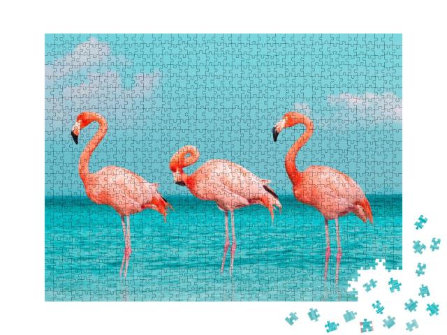 Puzzle de 1000 pièces « Flamants roses dans la mer bleue »