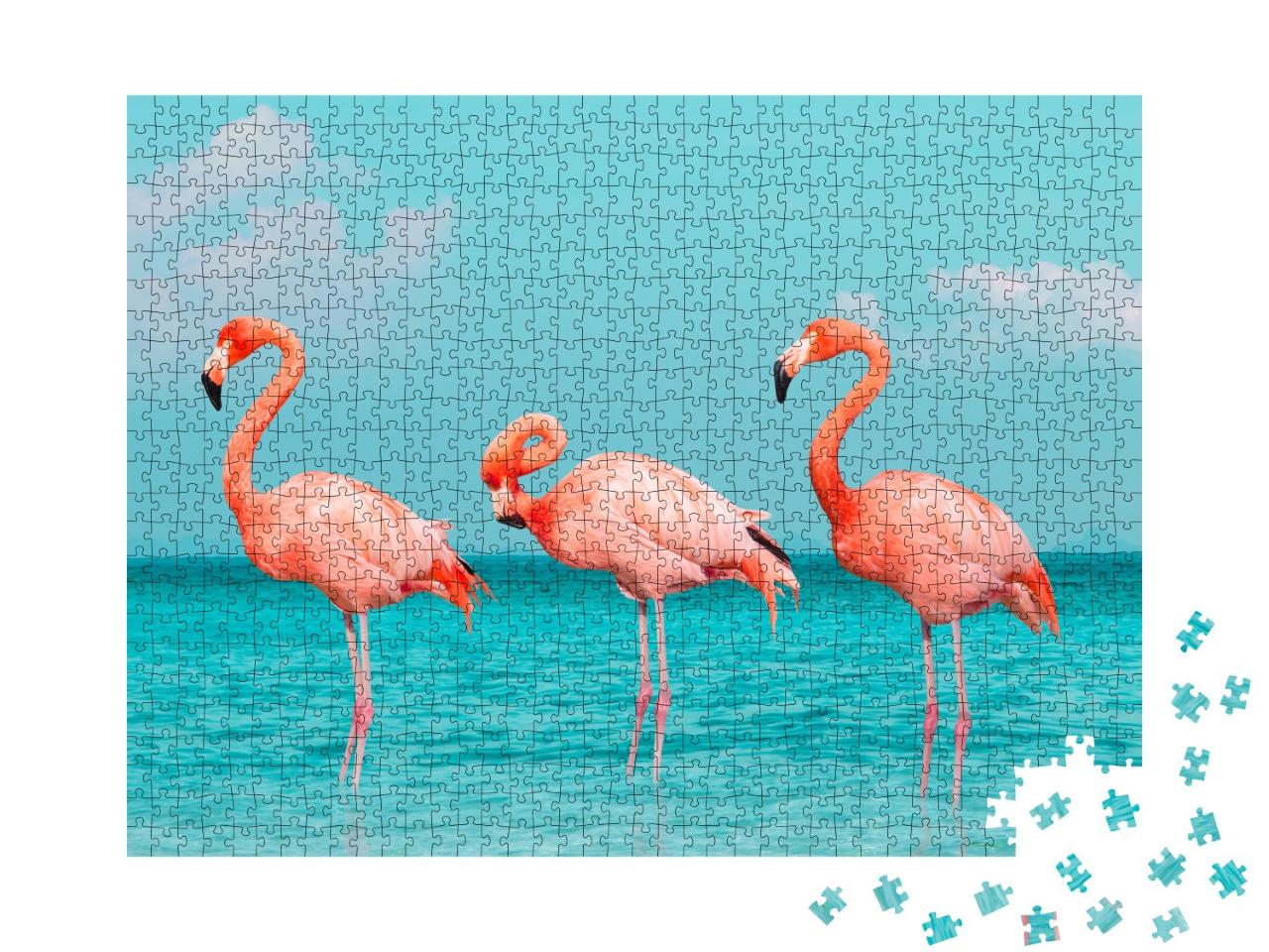 Puzzle de 1000 pièces « Flamants roses dans la mer bleue »