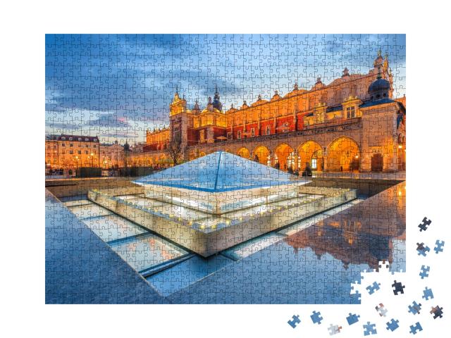 Puzzle de 1000 pièces « Place centrale de la ville de Cracovie la nuit, Pologne »