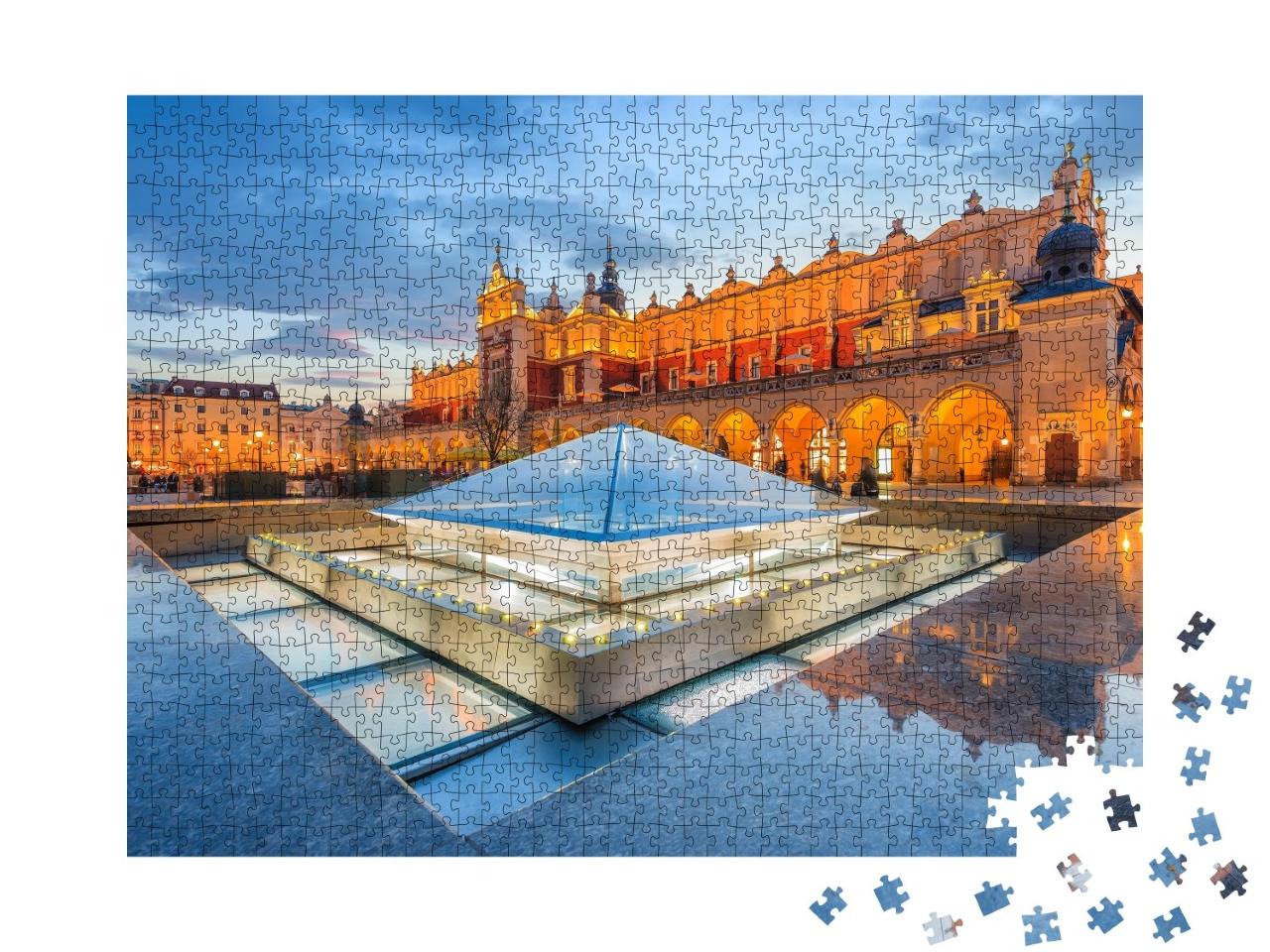 Puzzle de 1000 pièces « Place centrale de la ville de Cracovie la nuit, Pologne »
