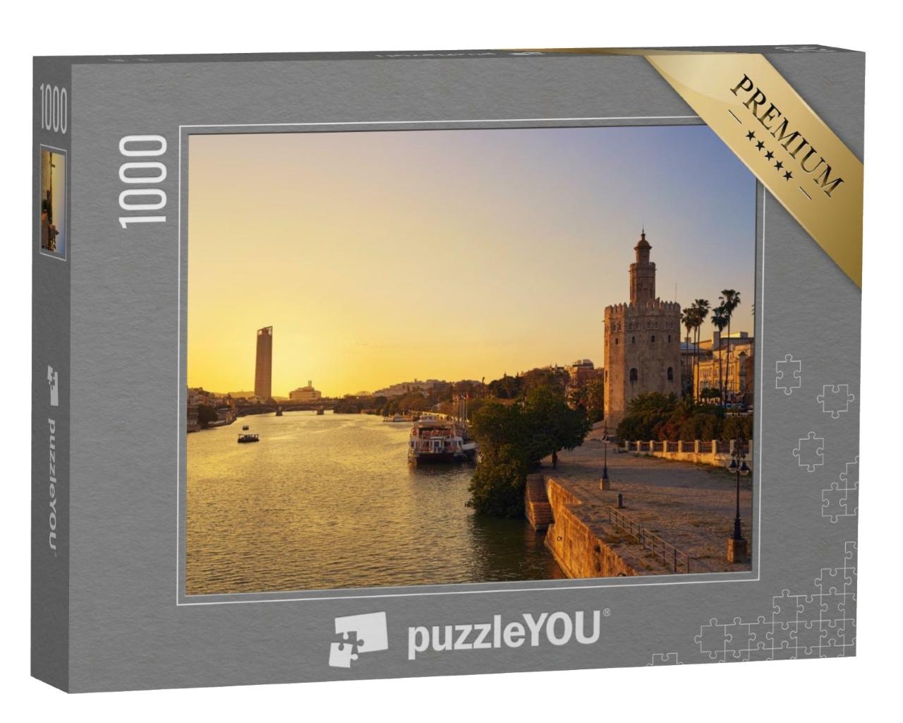 Puzzle de 1000 pièces « Coucher de soleil sur Séville : Torre del Oro, Espagne »