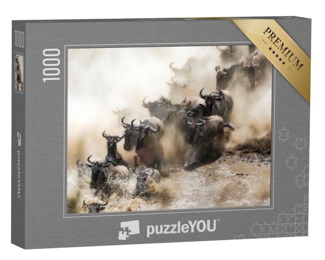 Puzzle de 1000 pièces « Des gnous traversant la rivière Mara au Kenya »