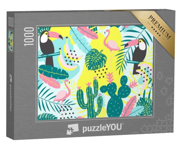 Puzzle de 1000 pièces « Illustration : motif tropical avec toucan, flamant rose et cactus »