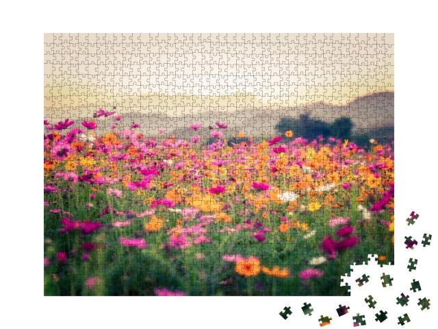 Puzzle de 1000 pièces « Champ de fleurs avec coucher de soleil »