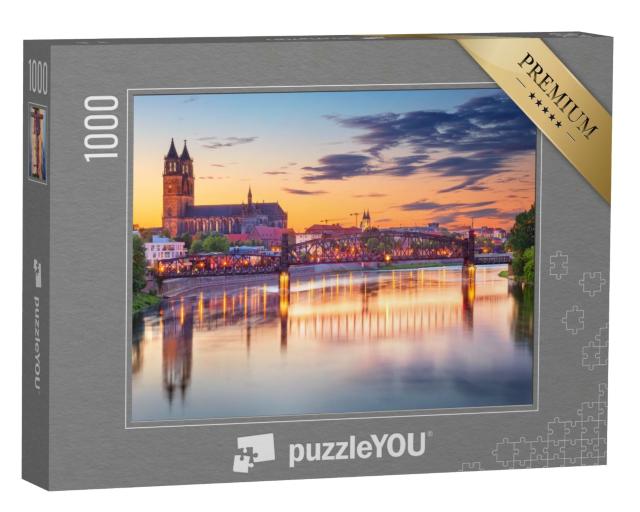 Puzzle de 1000 pièces « Image de la ville de Magdebourg avec l'Elbe au coucher du soleil, Allemagne »