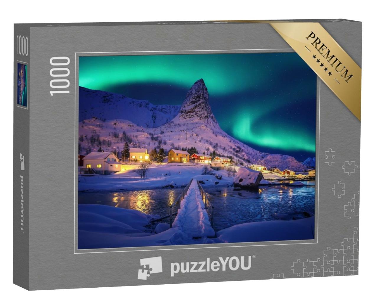 Puzzle de 1000 pièces « Aurores boréales dans le paysage hivernal des Lofoten, Norvège »