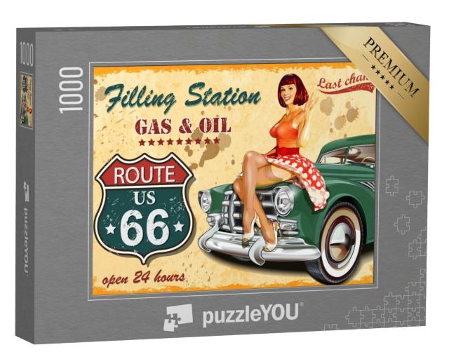 Puzzle de 1000 pièces « Panneau de station-service rétro de la Route 66 »