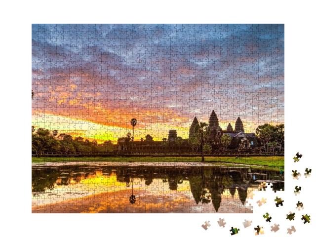 Puzzle de 1000 pièces « Silhouette d'Angkor Vat au lever du soleil, Cambodge »