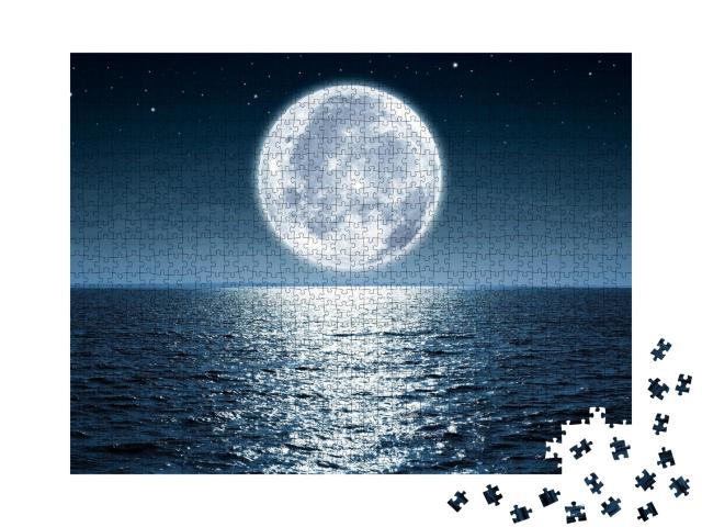 Puzzle de 1000 pièces « pleine lune qui se lève la nuit sur la mer calme »