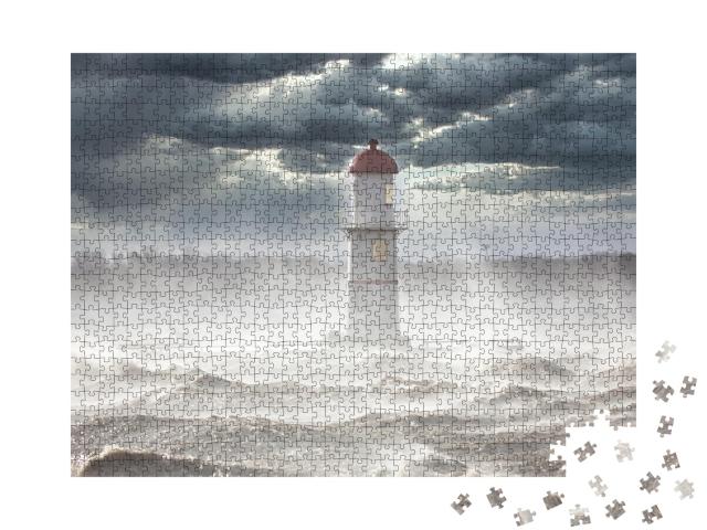 Puzzle de 1000 pièces « Un phare sous des nuages sombres »
