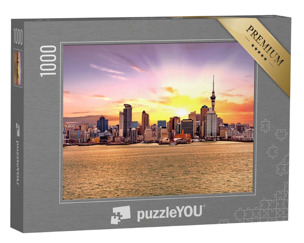 Puzzle de 1000 pièces « Skyline au coucher de soleil doré, Auckland, Nouvelle-Zélande »