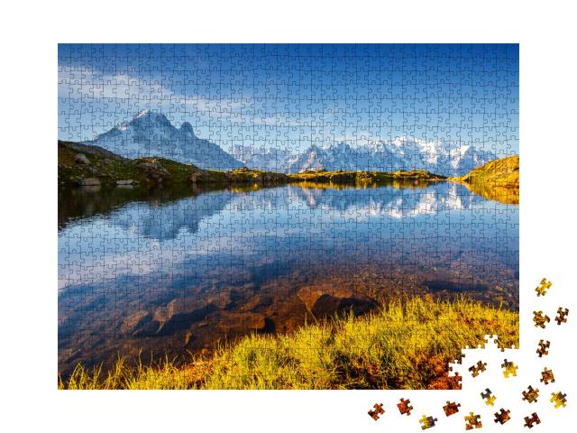 Puzzle de 1000 pièces « Lac Blanc sur fond de glacier du Mont-Blanc »