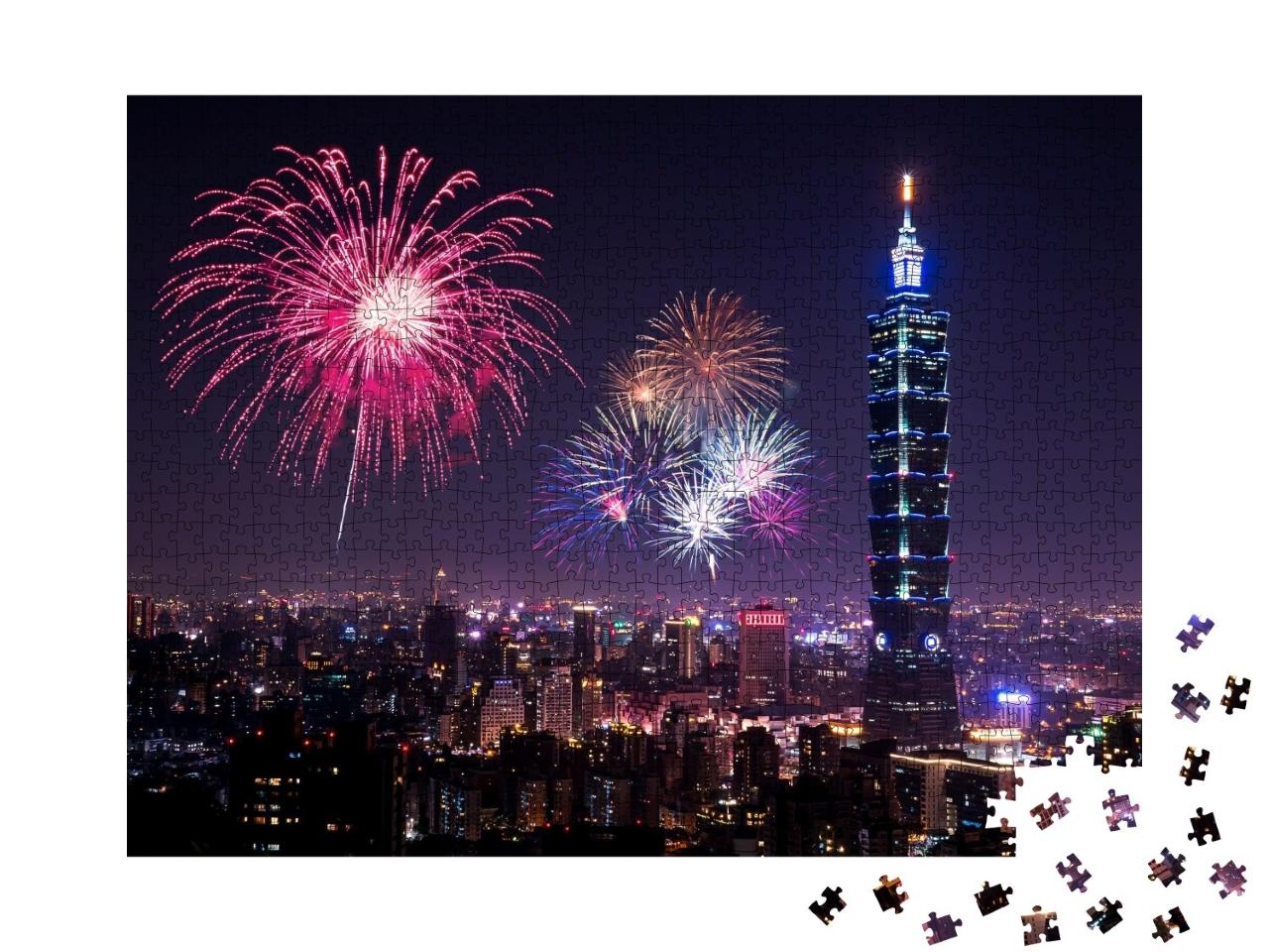 Puzzle de 1000 pièces « Skyline de Taipei avec feux d'artifice »