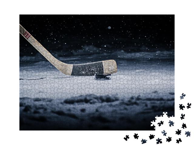 Puzzle de 1000 pièces « Crosse de hockey et palet sur la patinoire »