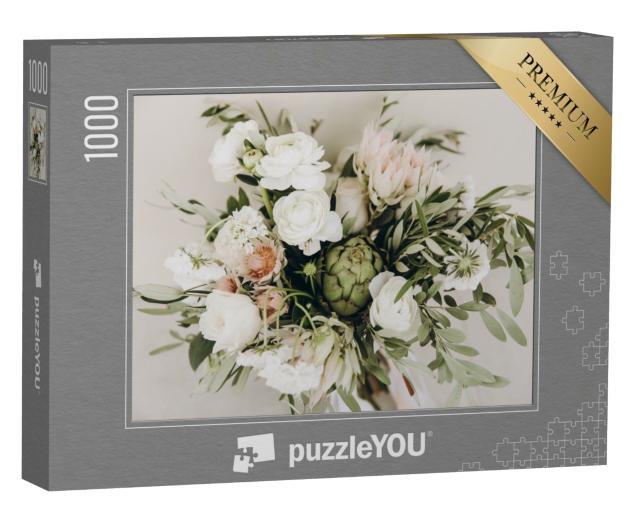 Puzzle de 1000 pièces « Bouquet de mariage de fleurs et de verdure avec ruban blanc »