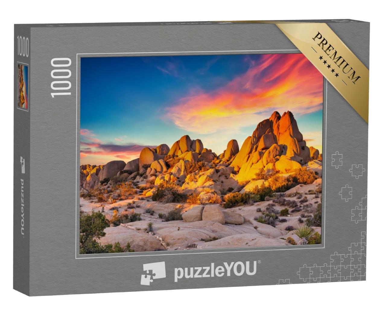 Puzzle de 1000 pièces « Rocher dans un coucher de soleil lumineux, Parc national de Joshua Tree, Californie »