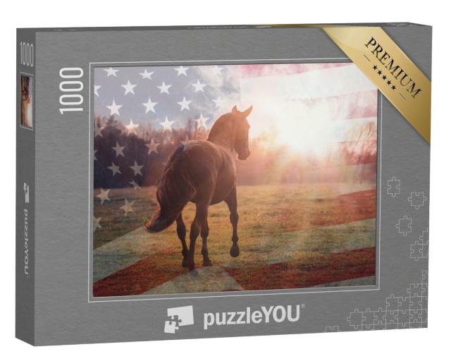 Puzzle de 1000 pièces « Portrait d'un cheval quarter américain avec le drapeau des États-Unis »