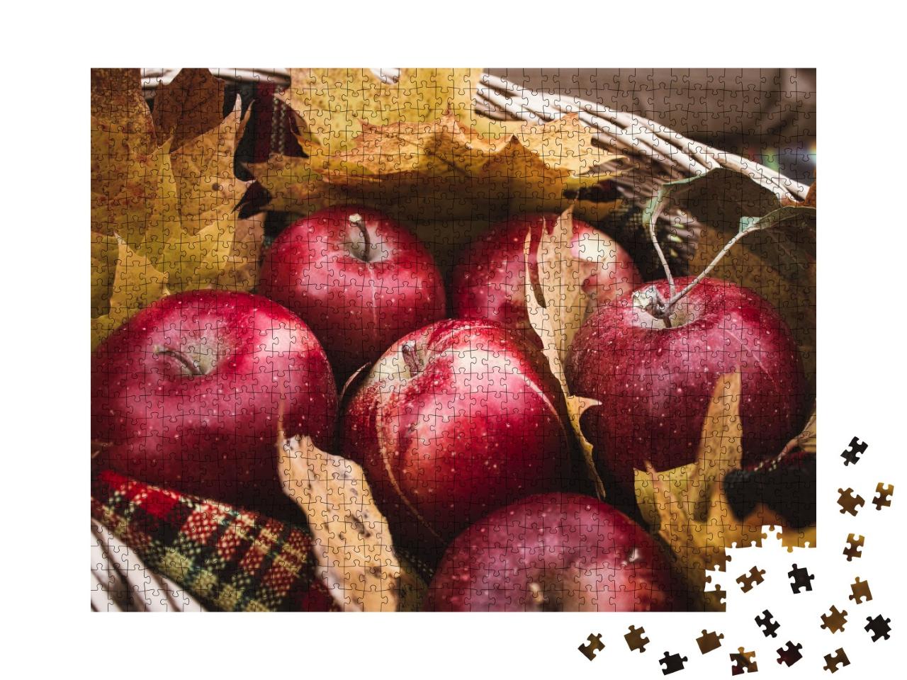 Puzzle de 1000 pièces « Récolte de pommes rouges dans un panier de feuilles d'automne »