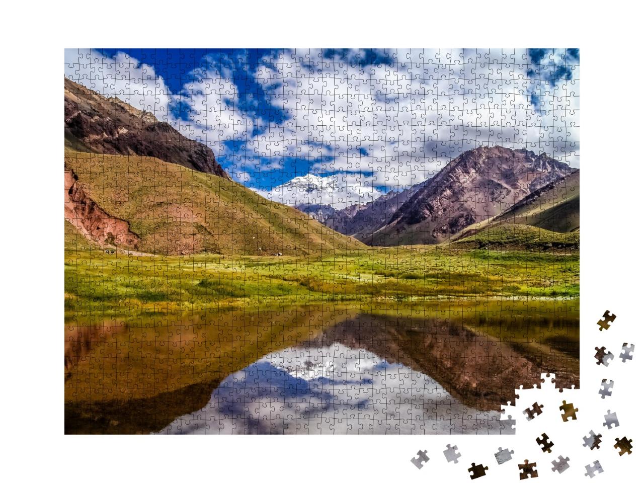 Puzzle de 1000 pièces « Aconcagua, le plus haut sommet d'Amérique du Sud devant un lac, Argentine »