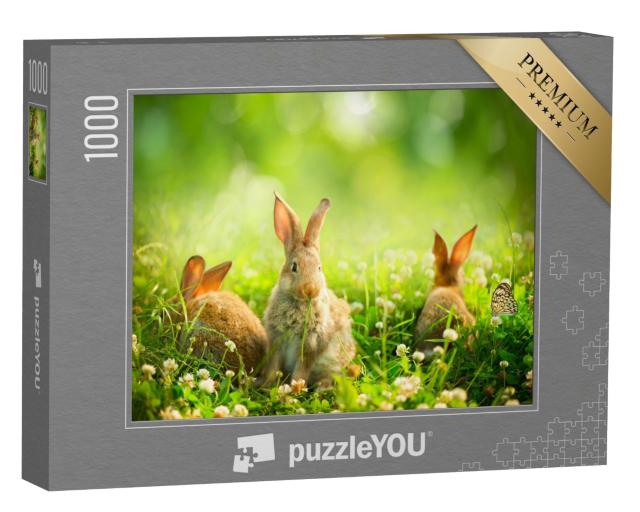 Puzzle de 1000 pièces « Des lapins parmi les fleurs printanières et l'herbe verte »