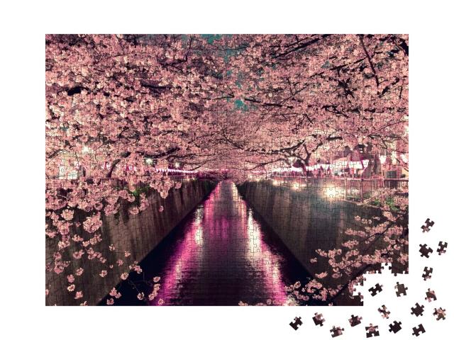 Puzzle de 1000 pièces « Cerisiers en fleurs la nuit à Tokyo »