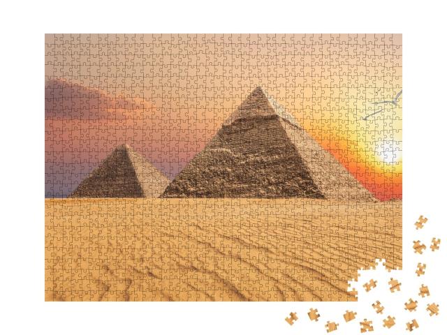 Puzzle de 1000 pièces « Pyramide de Khephren et Pyramide de Kheops, coucher de soleil, Gizeh »
