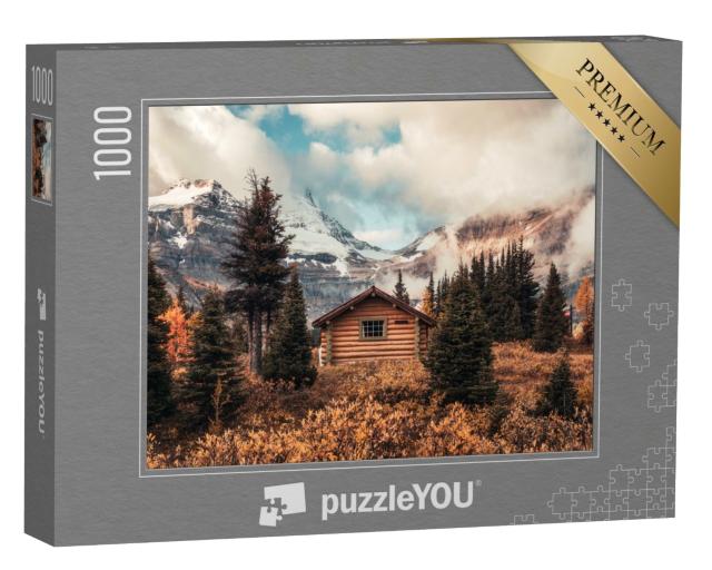 Puzzle de 1000 pièces « Cabane en bois sur la montagne Assiniboine dans la forêt d'automne, Canada »