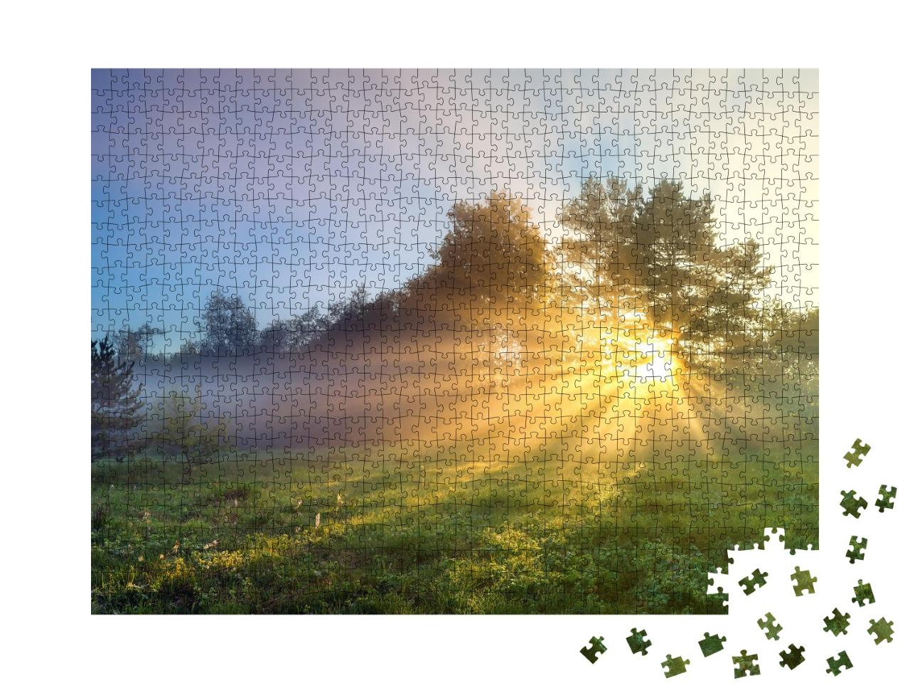Puzzle de 1000 pièces « Prairie forestière au lever du soleil »