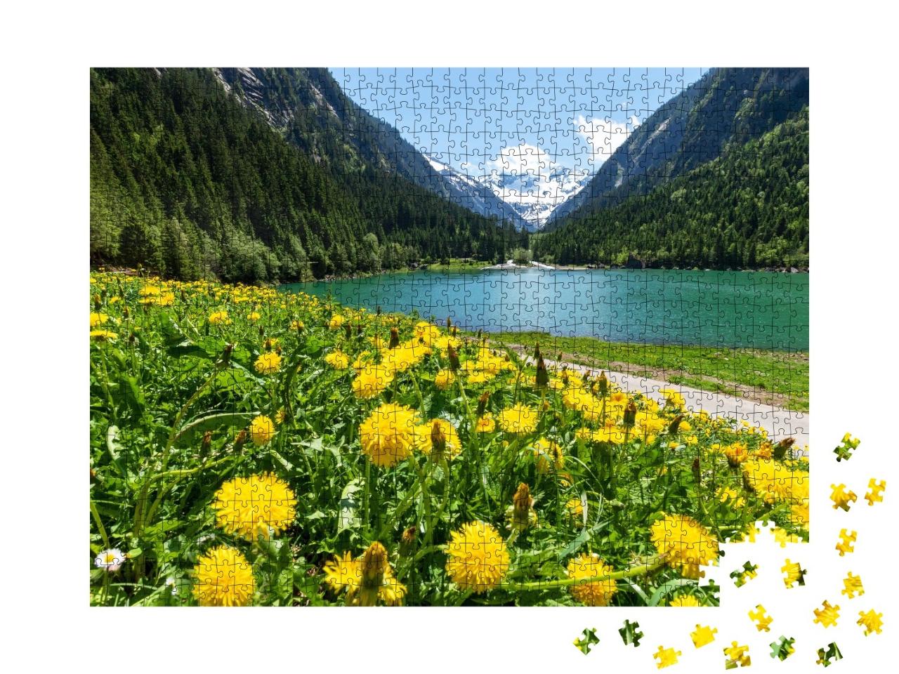 Puzzle de 1000 pièces « L'été dans les Alpes tyroliennes : pissenlit et lac de montagne, Zillertal, Autriche »