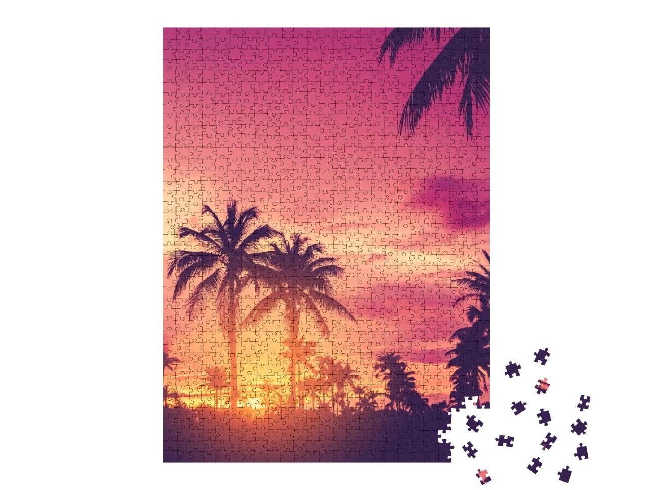 Puzzle de 1000 pièces « Palmiers dans un coucher de soleil pourpre vif »