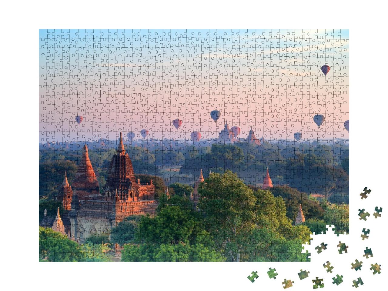 Puzzle de 1000 pièces « Montgolfières au-dessus des pagodes au lever du soleil à Bagan, Myanmar »