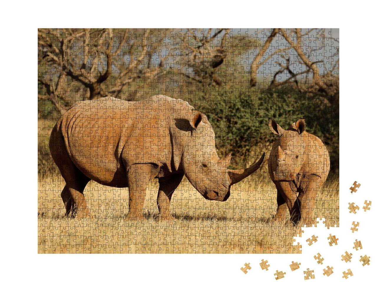 Puzzle de 1000 pièces « Rhinocéros blanc avec son veau en Afrique du Sud »