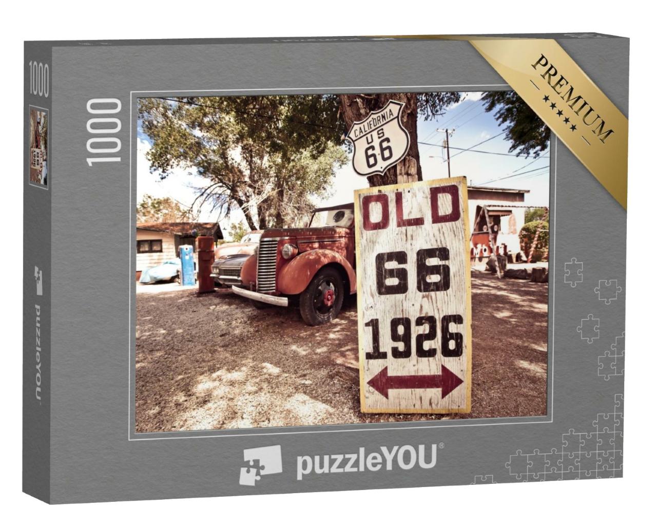 Puzzle de 1000 pièces « Voitures rouillées et panneaux de la Route 66 »